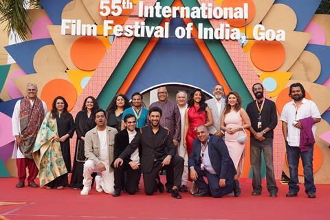 Center front row: actors Swapnil Ajgaonkar; Sudeep Modak; Amit Sadh and director Bugs Bhargava on the red carpet of Pune Highway at the 2024 IFFI in Goa